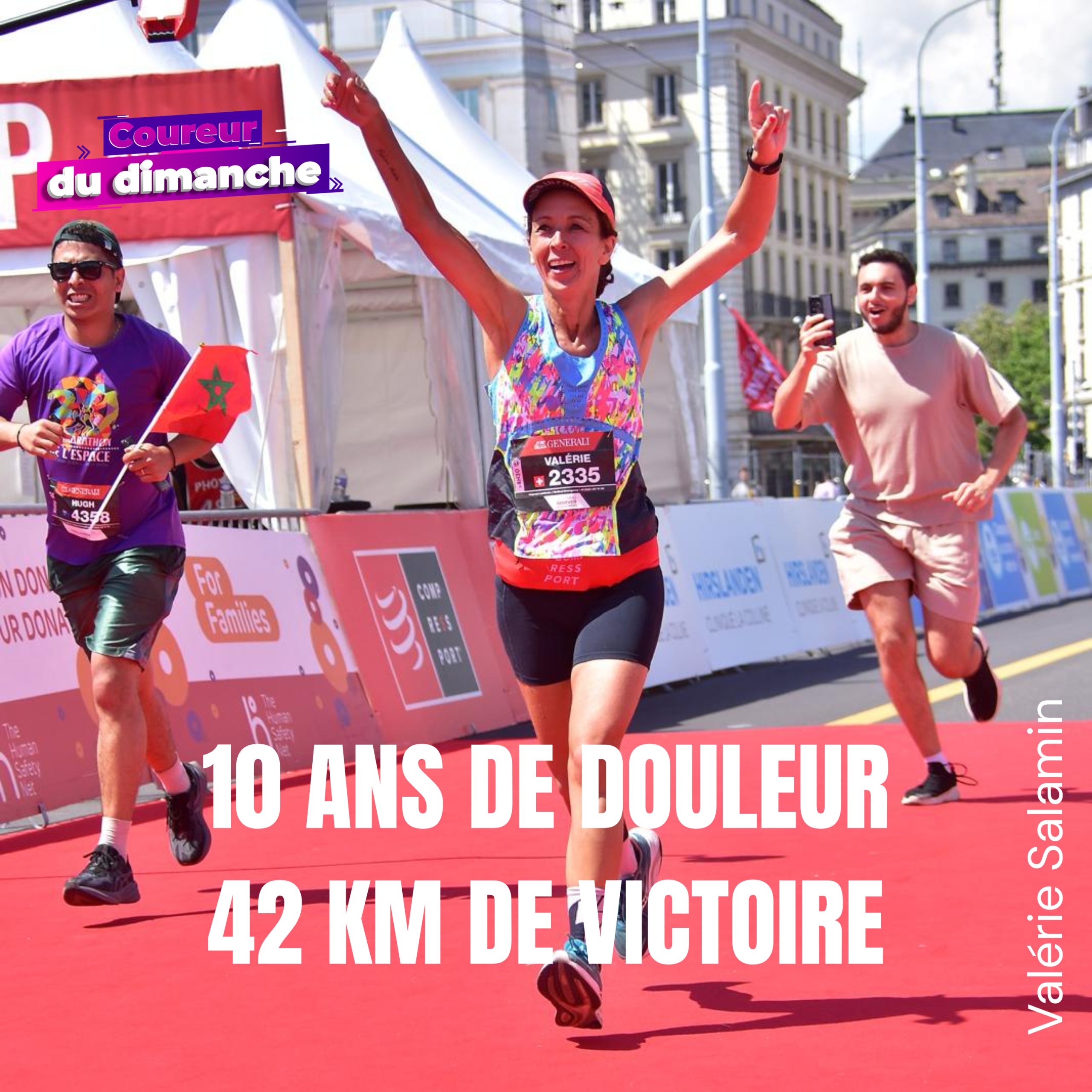 Image de Valérie qui célèbre le passage de la ligne d'arrivée du marathon de Genève