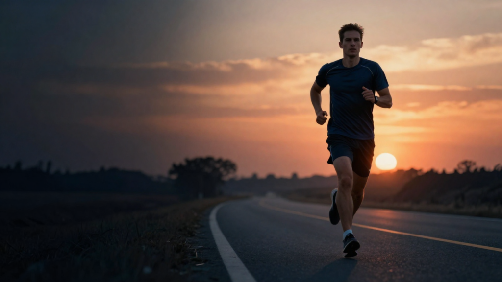 Augmenter le volume, vignette. Un coureur au coucher du soleil.